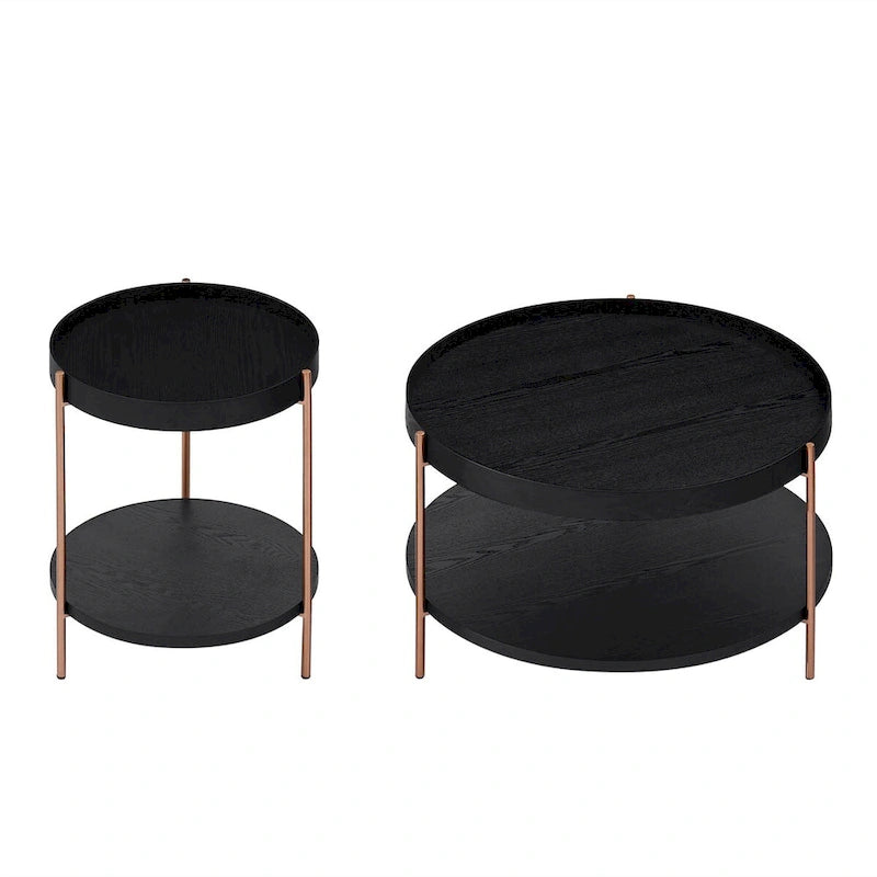 2-Tier Round Nesting Coffee Table Set of 2 in Matte Black MDF