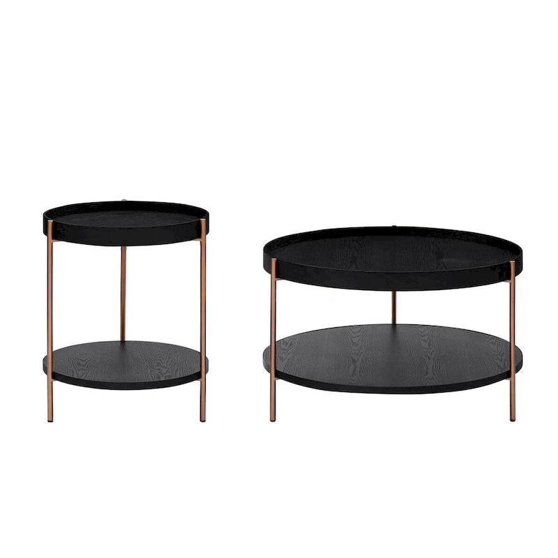 2-Tier Round Nesting Coffee Table Set of 2 in Matte Black MDF