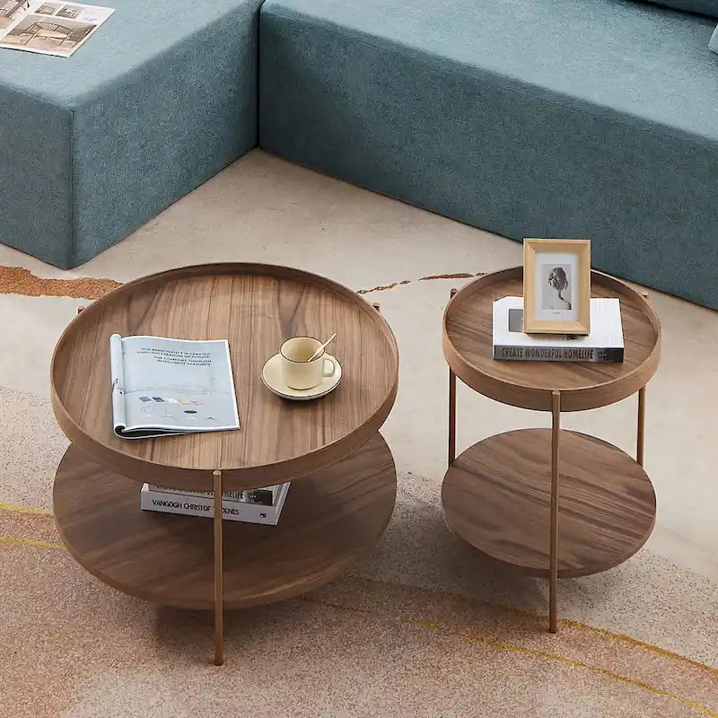 2-Tier Round Nesting Coffee Table Set of 2 in Matte Black MDF