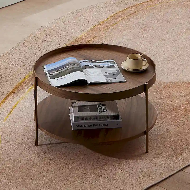 2-Tier Round Nesting Coffee Table Set of 2 in Matte Black MDF