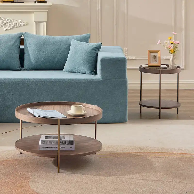 2-Tier Round Nesting Coffee Table Set of 2 in Matte Black MDF