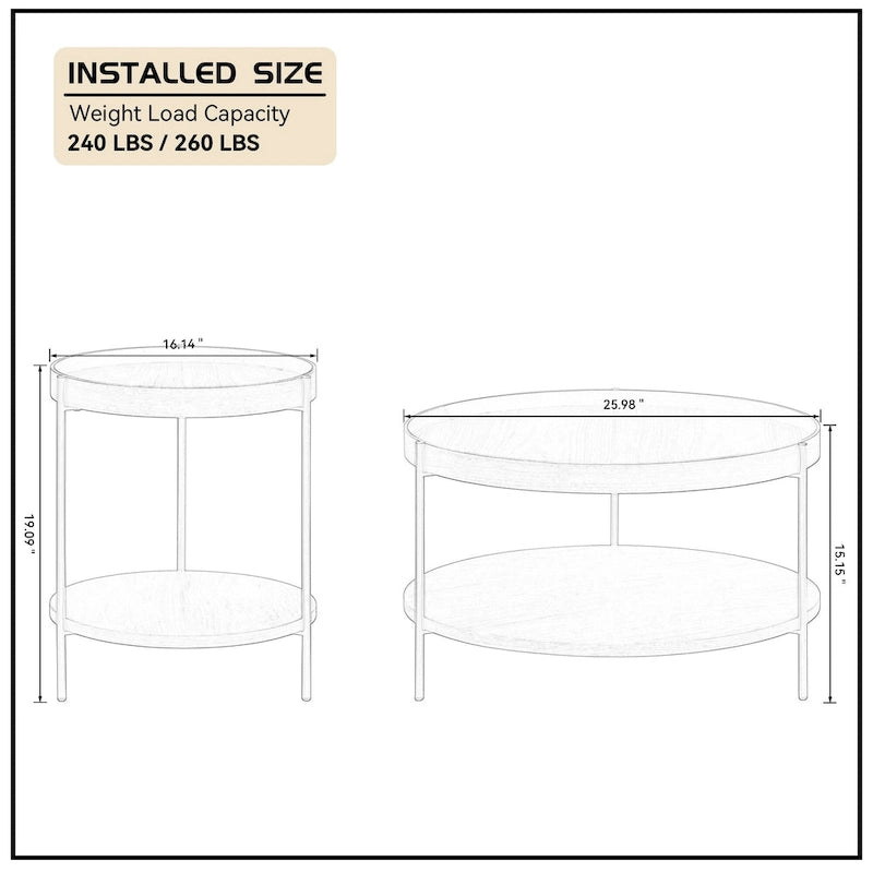 2-Tier Round Nesting Coffee Table Set of 2 in Matte Black MDF