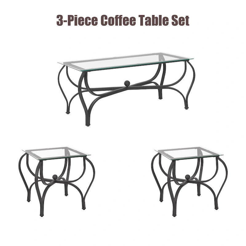 3-Piece Tempered Glass Coffee Table Set with Rustic Metal Frame