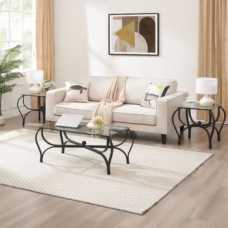 3-Piece Tempered Glass Coffee Table Set with Rustic Metal Frame