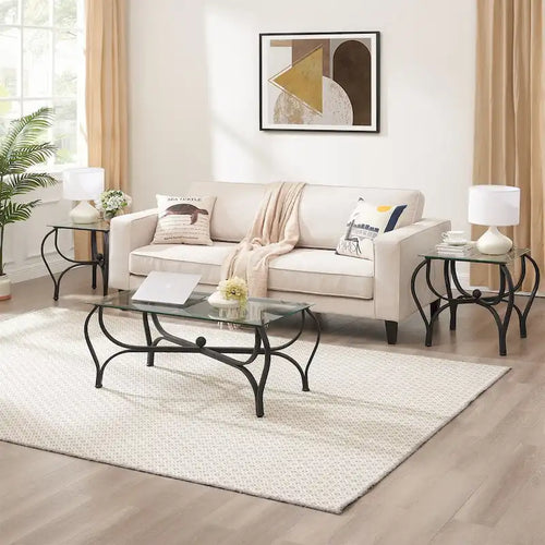 3-Piece Tempered Glass Coffee Table Set with Rustic Metal Frame
