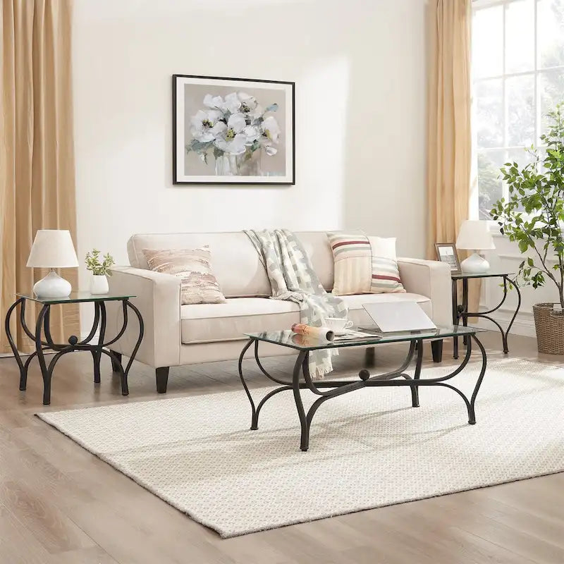 3-Piece Tempered Glass Coffee Table Set with Rustic Metal Frame