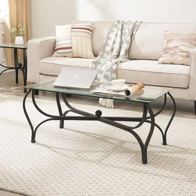 3-Piece Tempered Glass Coffee Table Set with Rustic Metal Frame