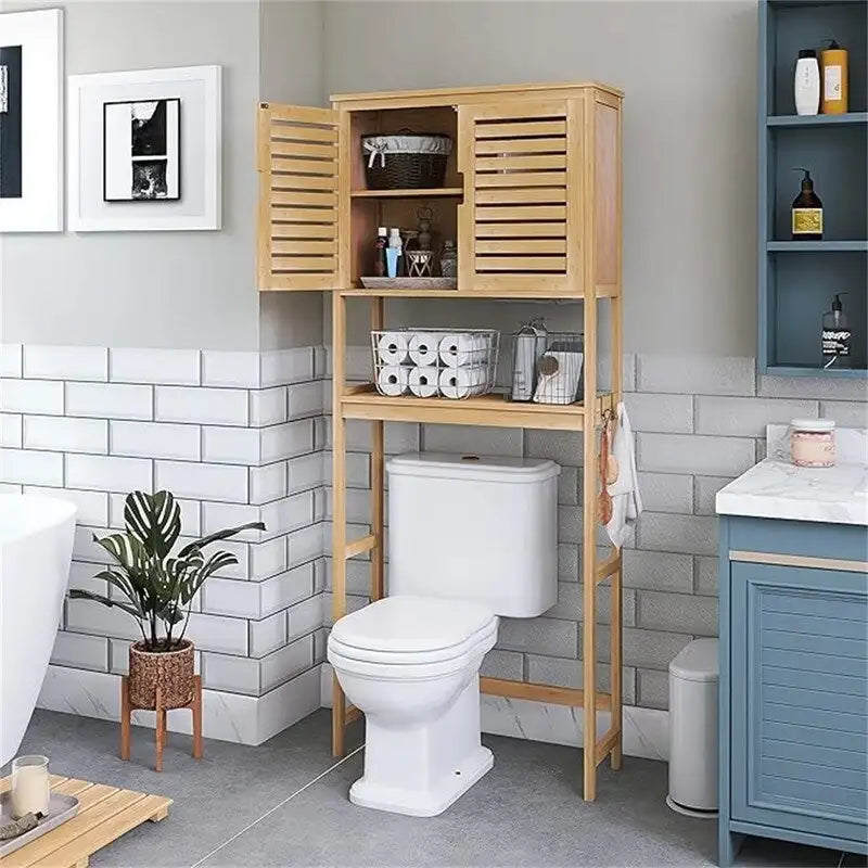 Over-Toilet Bamboo Bathroom Storage Cabinet with Adjustable Shelves 25x69 Inch