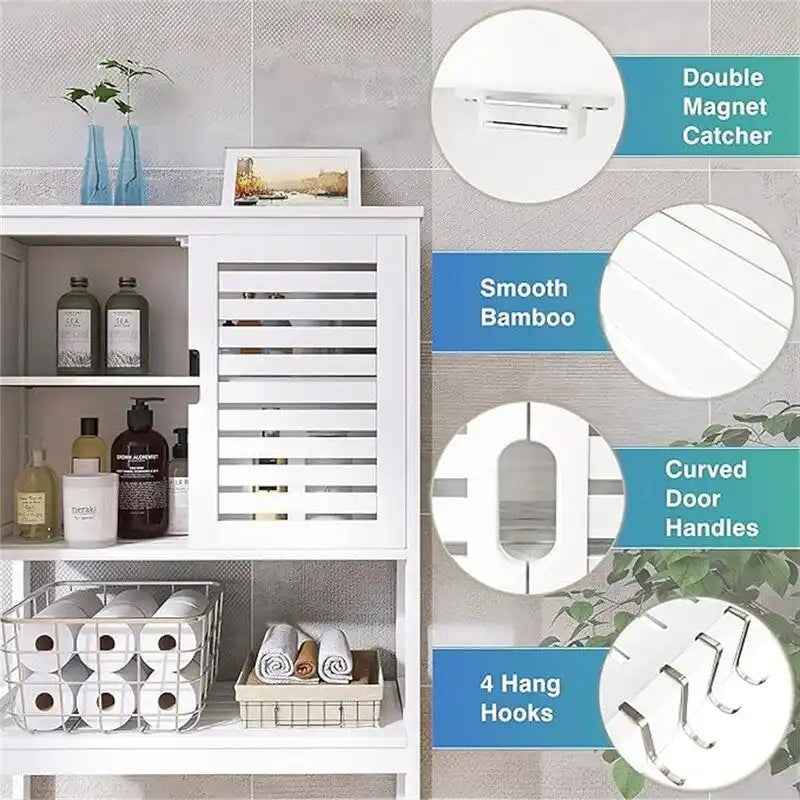 Over-Toilet Bamboo Bathroom Storage Cabinet with Adjustable Shelves 25x69 Inch