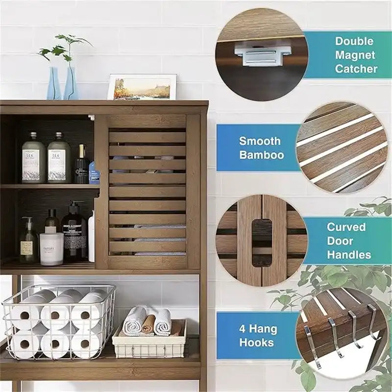 Over-Toilet Bamboo Bathroom Storage Cabinet with Adjustable Shelves 25x69 Inch