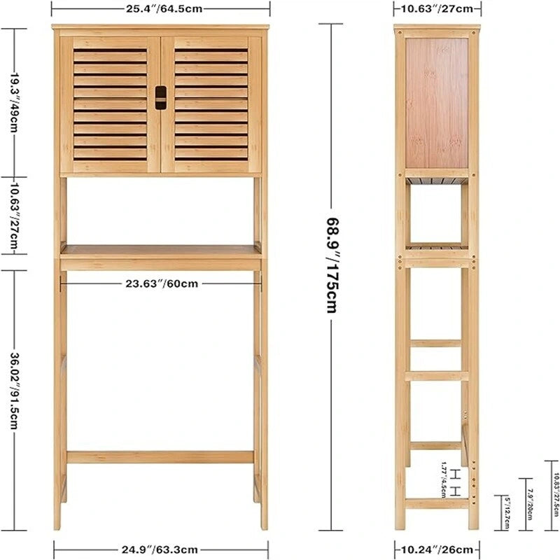 Over-Toilet Bamboo Bathroom Storage Cabinet with Adjustable Shelves 25x69 Inch