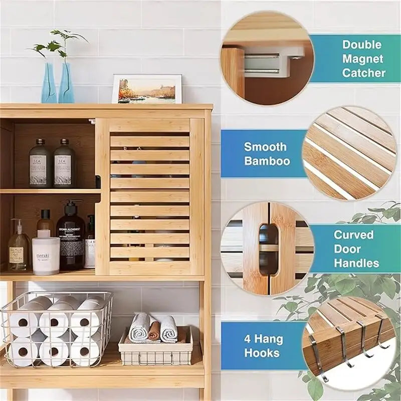 Over-Toilet Bamboo Bathroom Storage Cabinet with Adjustable Shelves 25x69 Inch