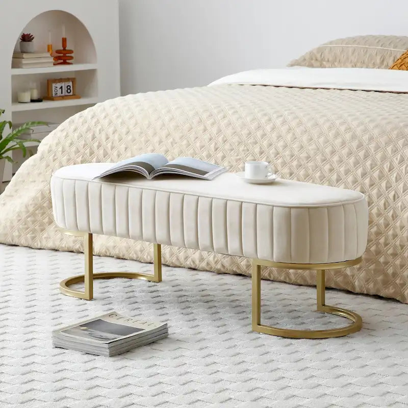 Velvet Oval Upholstered Bedroom Bench with Gold Metal Legs 48 Inch