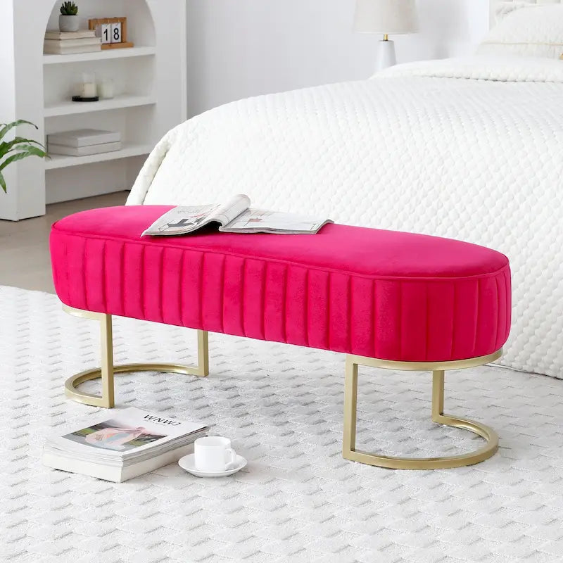 Velvet Oval Upholstered Bedroom Bench with Gold Metal Legs 48 Inch