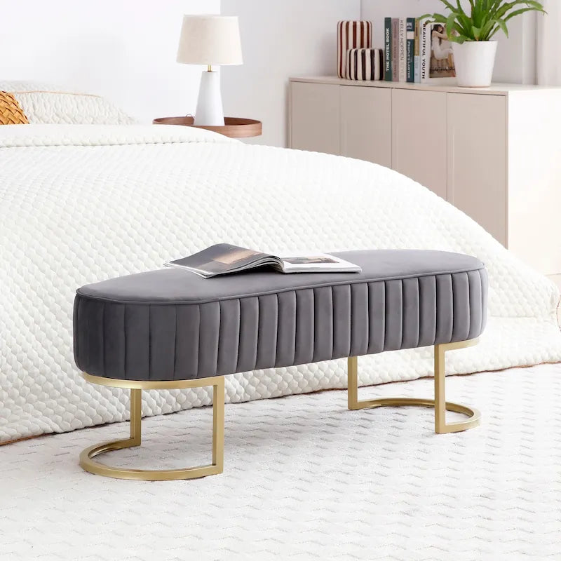 Velvet Oval Upholstered Bedroom Bench with Gold Metal Legs 48 Inch