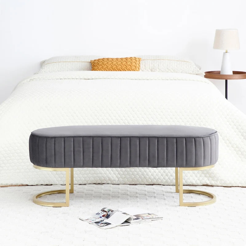 Velvet Oval Upholstered Bedroom Bench with Gold Metal Legs 48 Inch