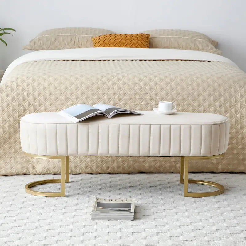 Velvet Oval Upholstered Bedroom Bench with Gold Metal Legs 48 Inch