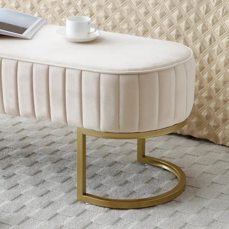 Velvet Oval Upholstered Bedroom Bench with Gold Metal Legs 48 Inch