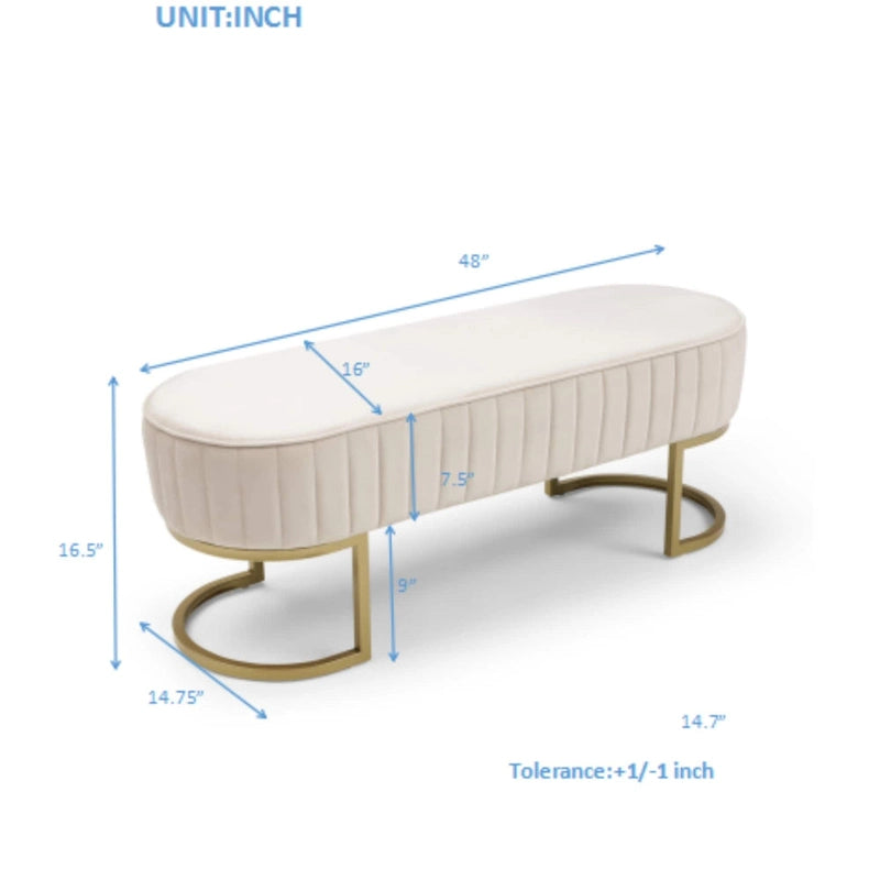 Velvet Oval Upholstered Bedroom Bench with Gold Metal Legs 48 Inch