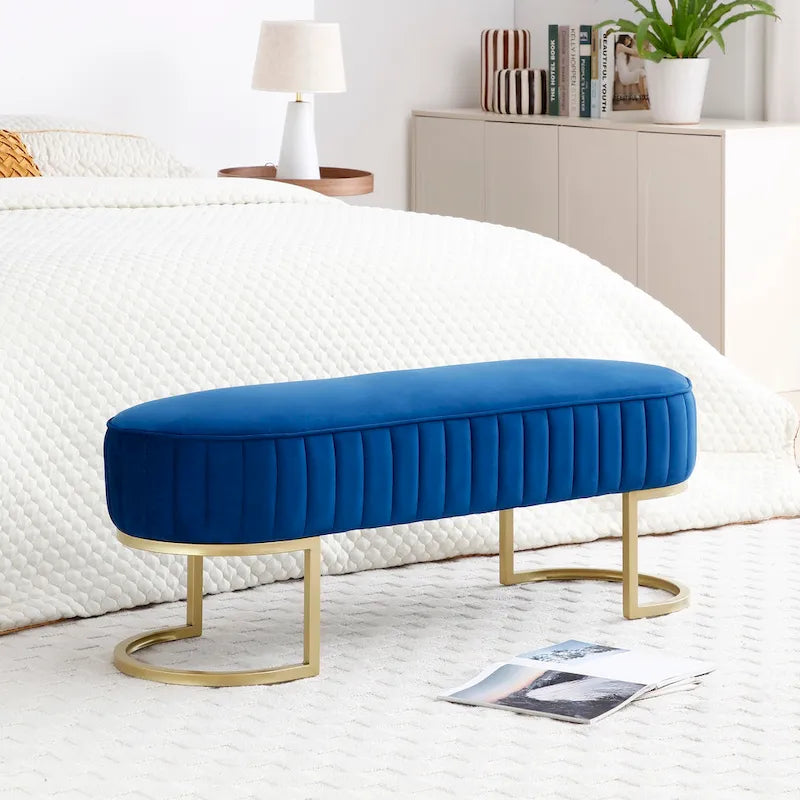 Velvet Oval Upholstered Bedroom Bench with Gold Metal Legs 48 Inch