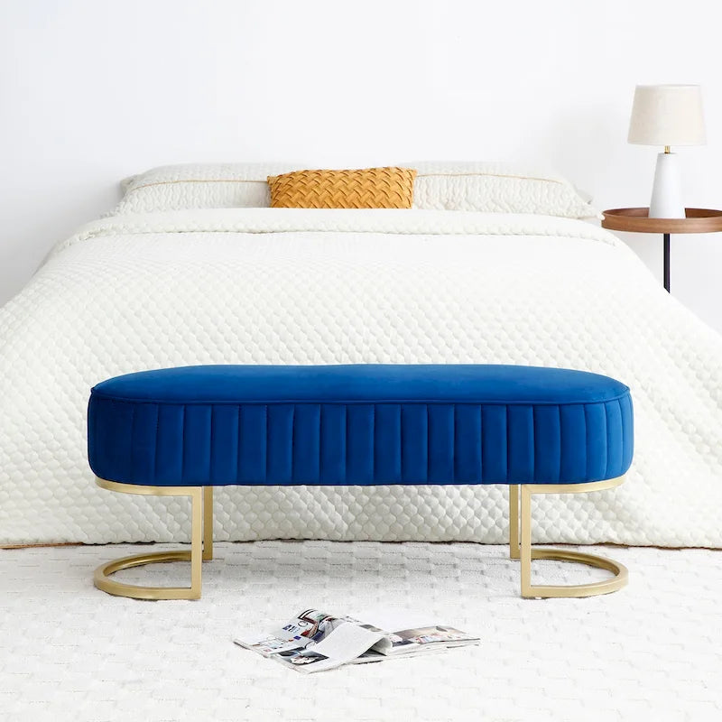 Velvet Oval Upholstered Bedroom Bench with Gold Metal Legs 48 Inch