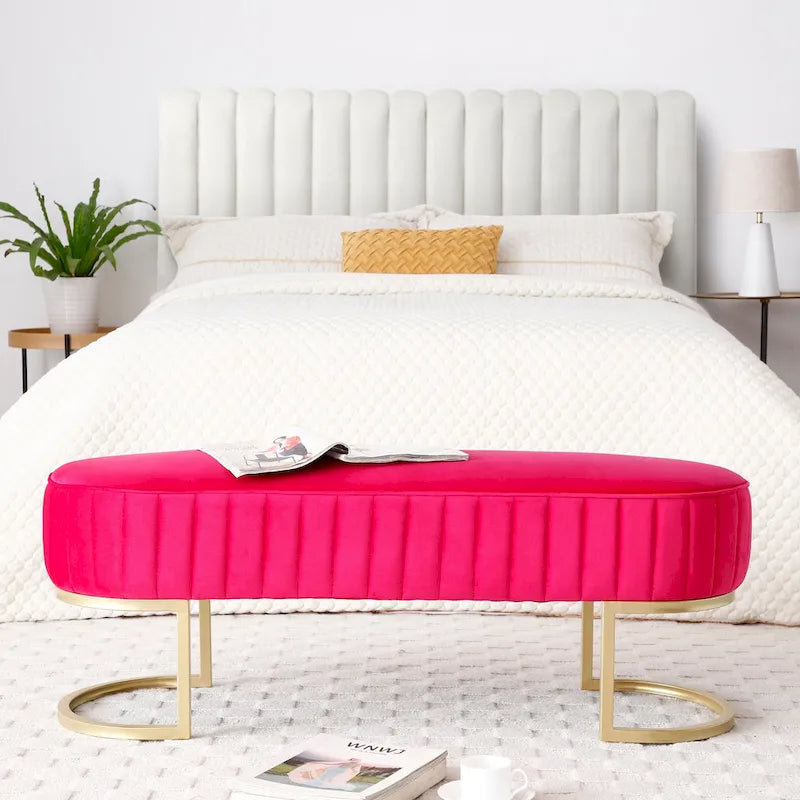 Velvet Oval Upholstered Bedroom Bench with Gold Metal Legs 48 Inch