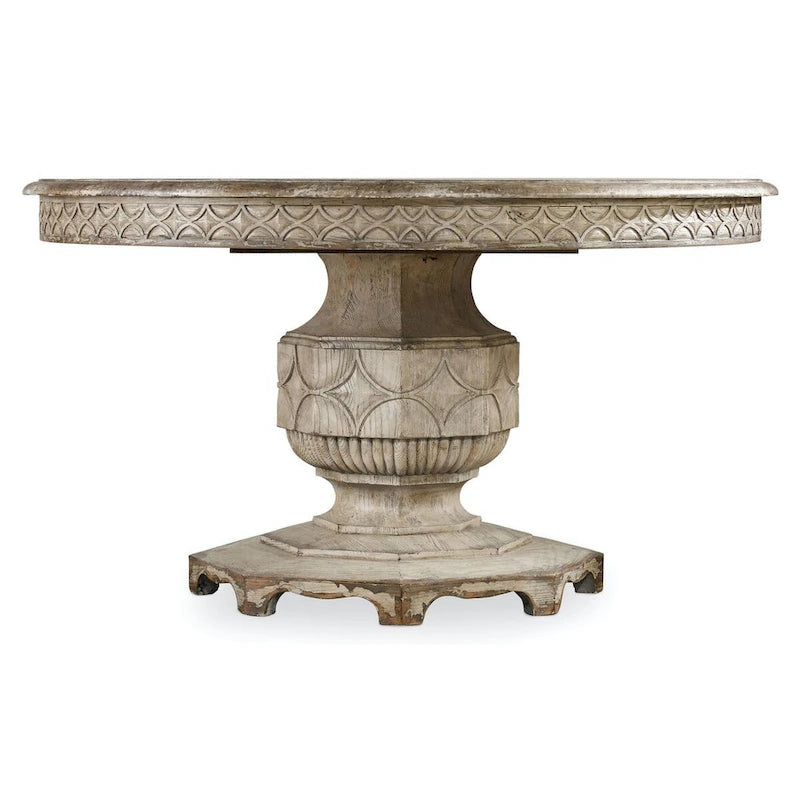 54 Inch Round Farmhouse Dining Table with Scallop Fretwork Extends to 74 Inch