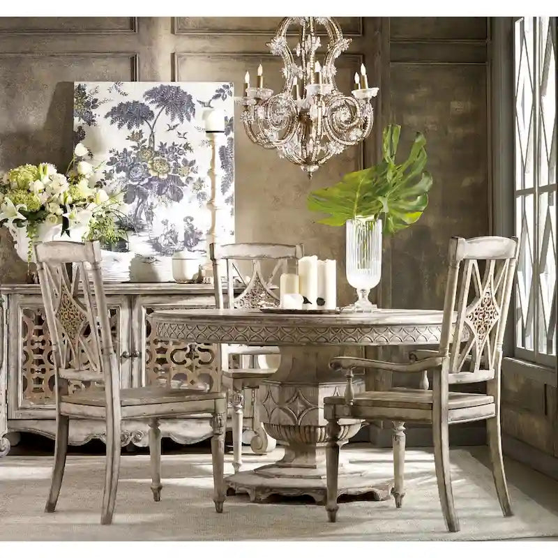 54 Inch Round Farmhouse Dining Table with Scallop Fretwork Extends to 74 Inch