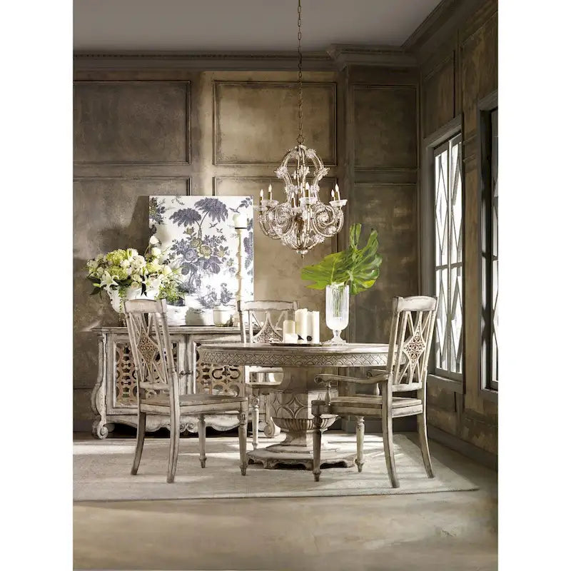 54 Inch Round Farmhouse Dining Table with Scallop Fretwork Extends to 74 Inch