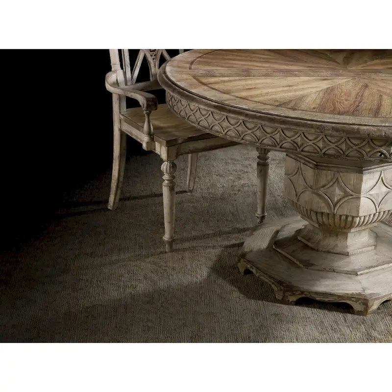 54 Inch Round Farmhouse Dining Table with Scallop Fretwork Extends to 74 Inch