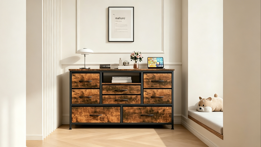 8-Drawer Dresser TV Stand with LED Lights and Power Outlet for 55 Inch TV