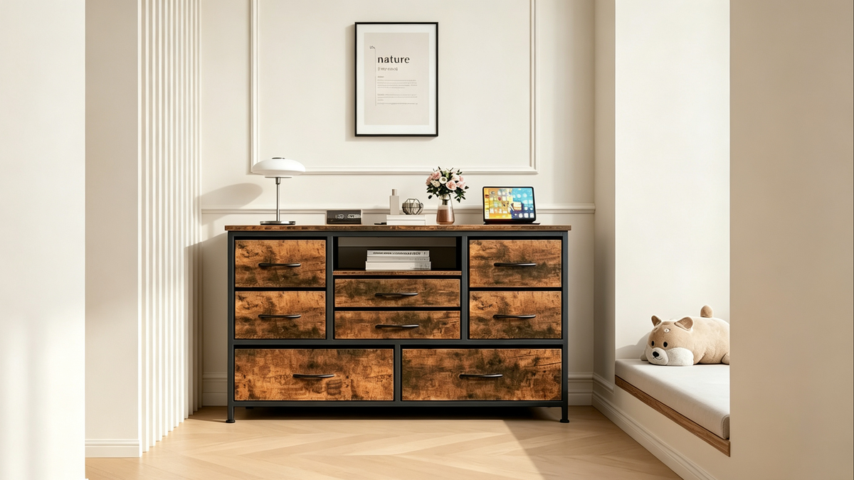8-Drawer Dresser TV Stand with LED Lights and Power Outlet for 55 Inch TV